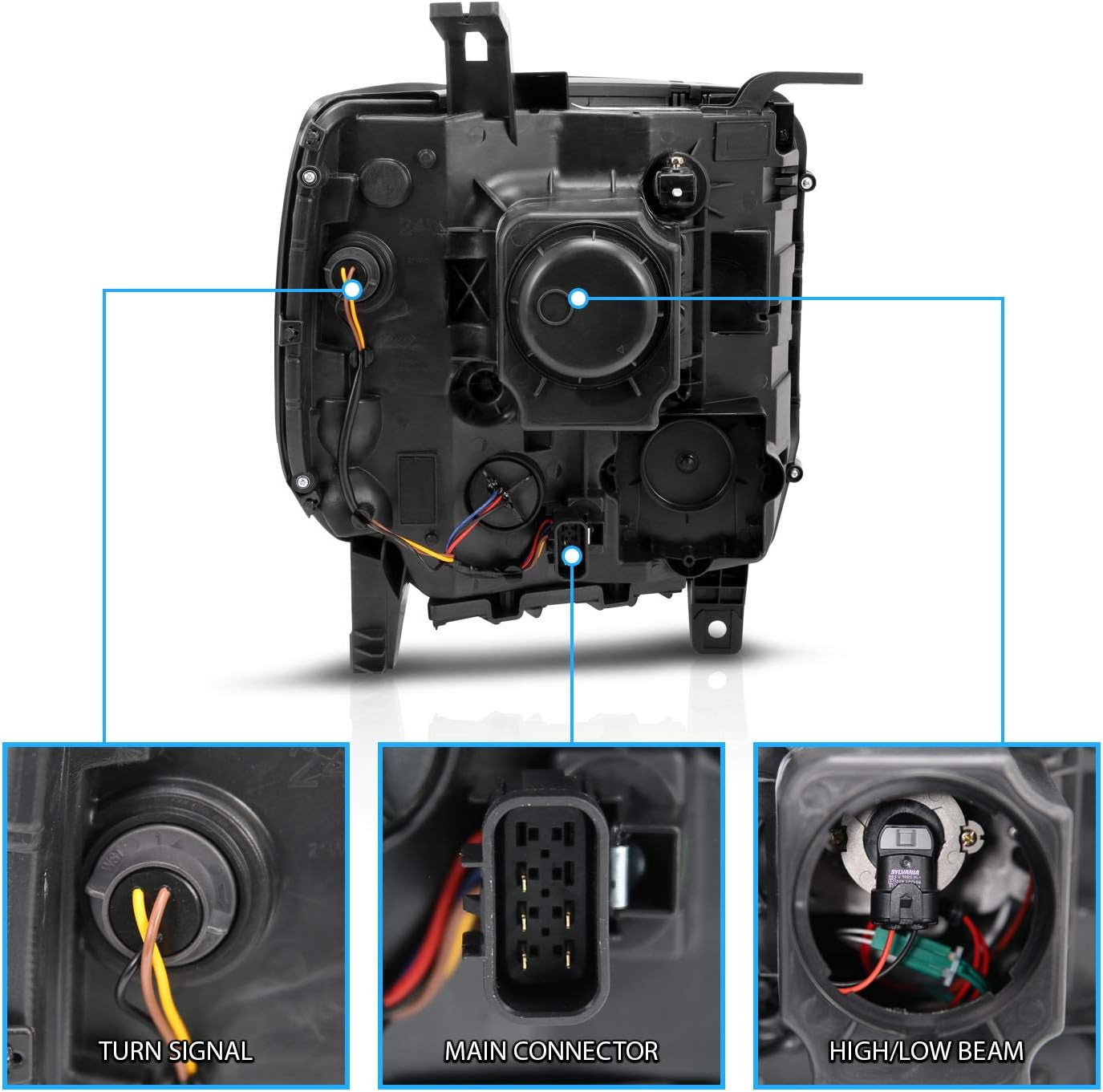 For 2014-2015 GMC Sierra 1500/15-2017 2500HD 3500HD Black Square Projector Replacement Headlights Assembly Pair - Passenger and Driver Side