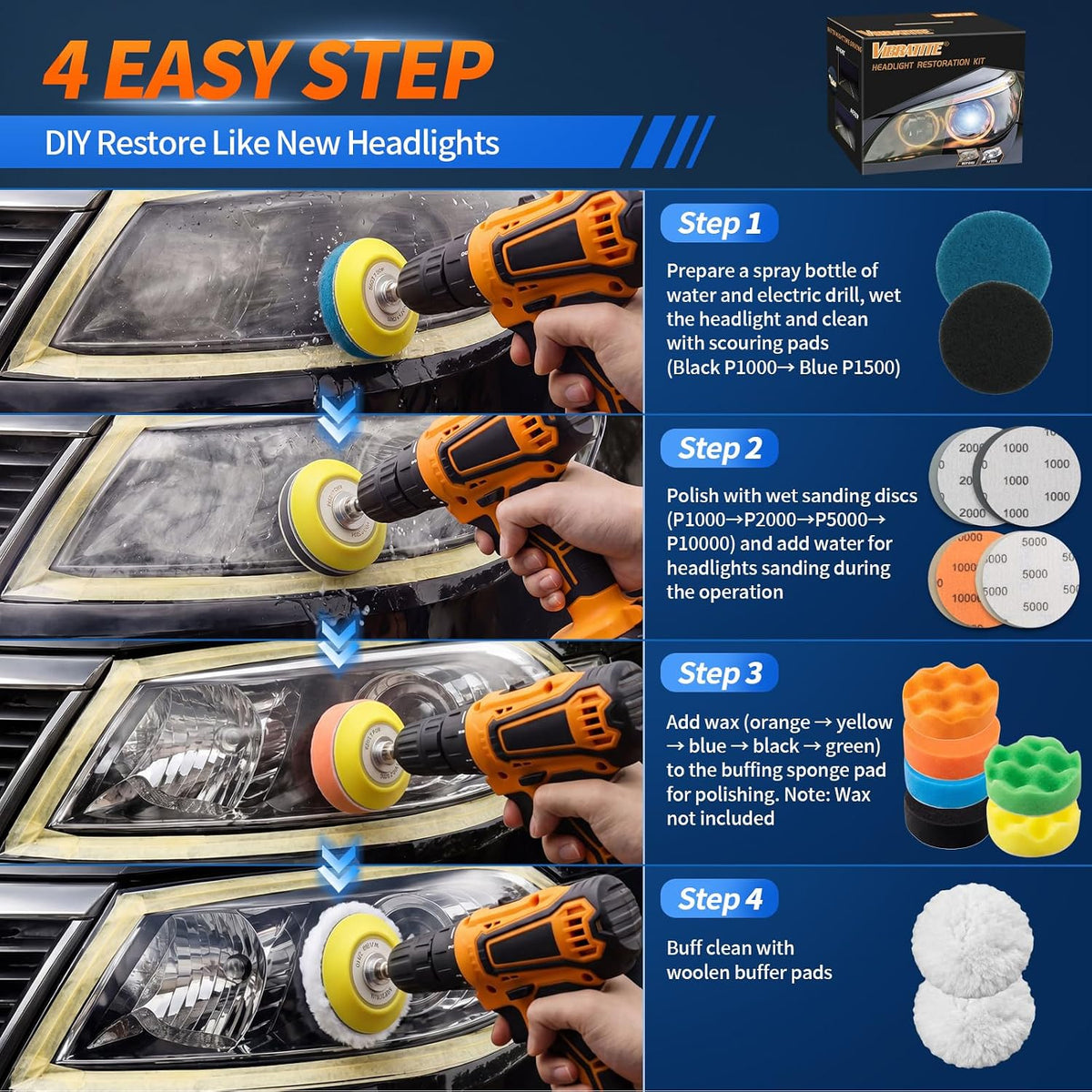 41PCS Headlight Restoration Kit, 3" Drill Sanding & Polishing Kit