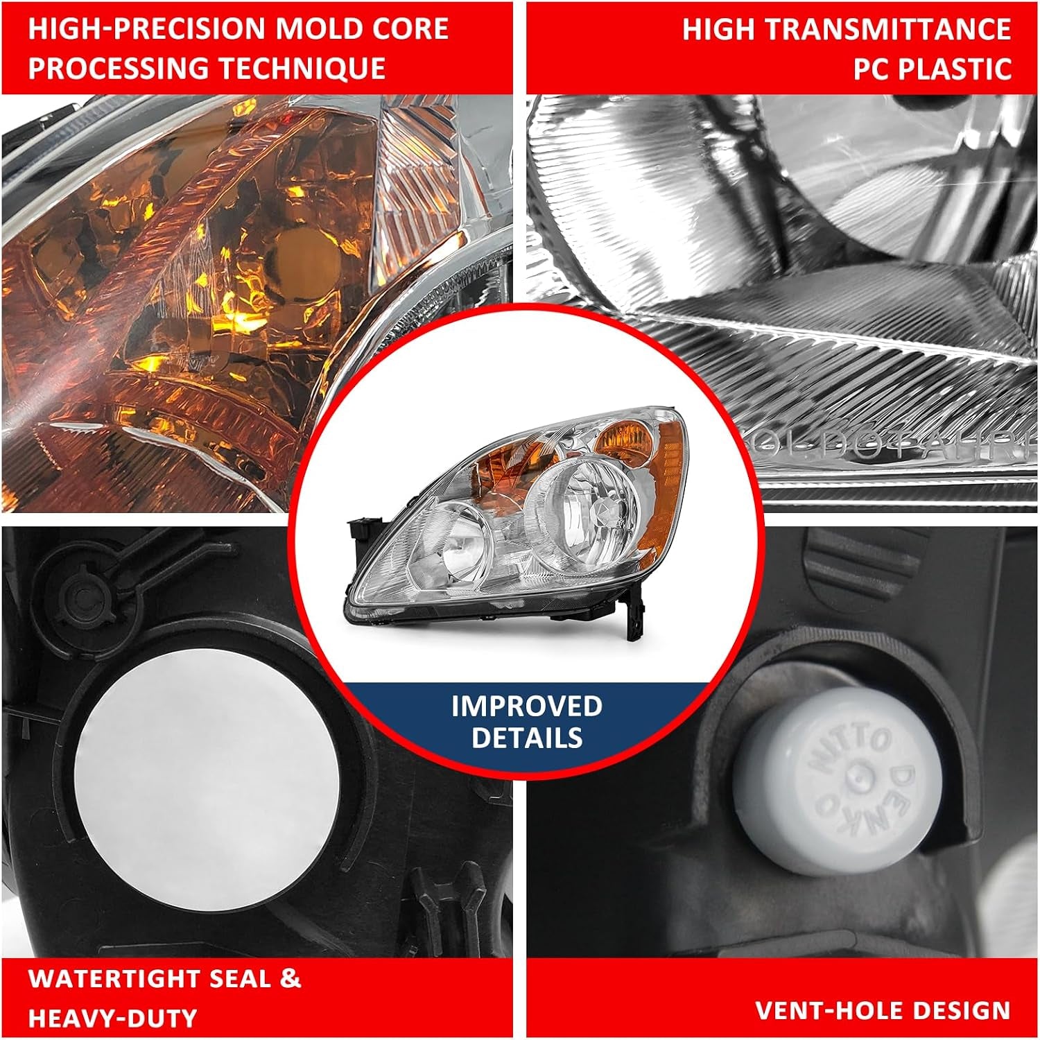Headlight Compatible with 2005 2006 Honda CRV Headlamp Chrome Housing Amber Reflector Replacement Pair（W/O Bulbs）