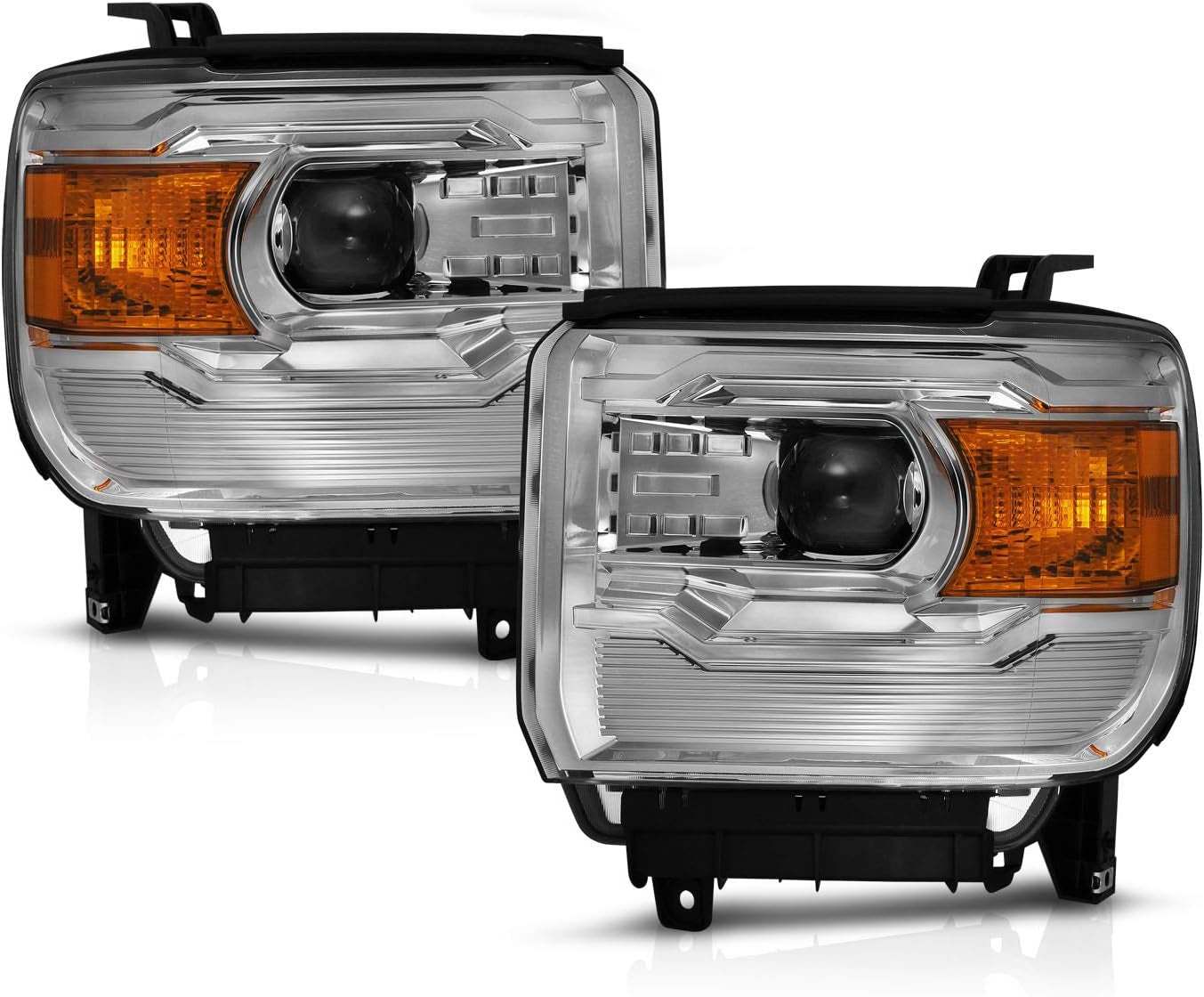 For 2014-2015 GMC Sierra 1500/15-2017 2500HD 3500HD Black Square Projector Replacement Headlights Assembly Pair - Passenger and Driver Side