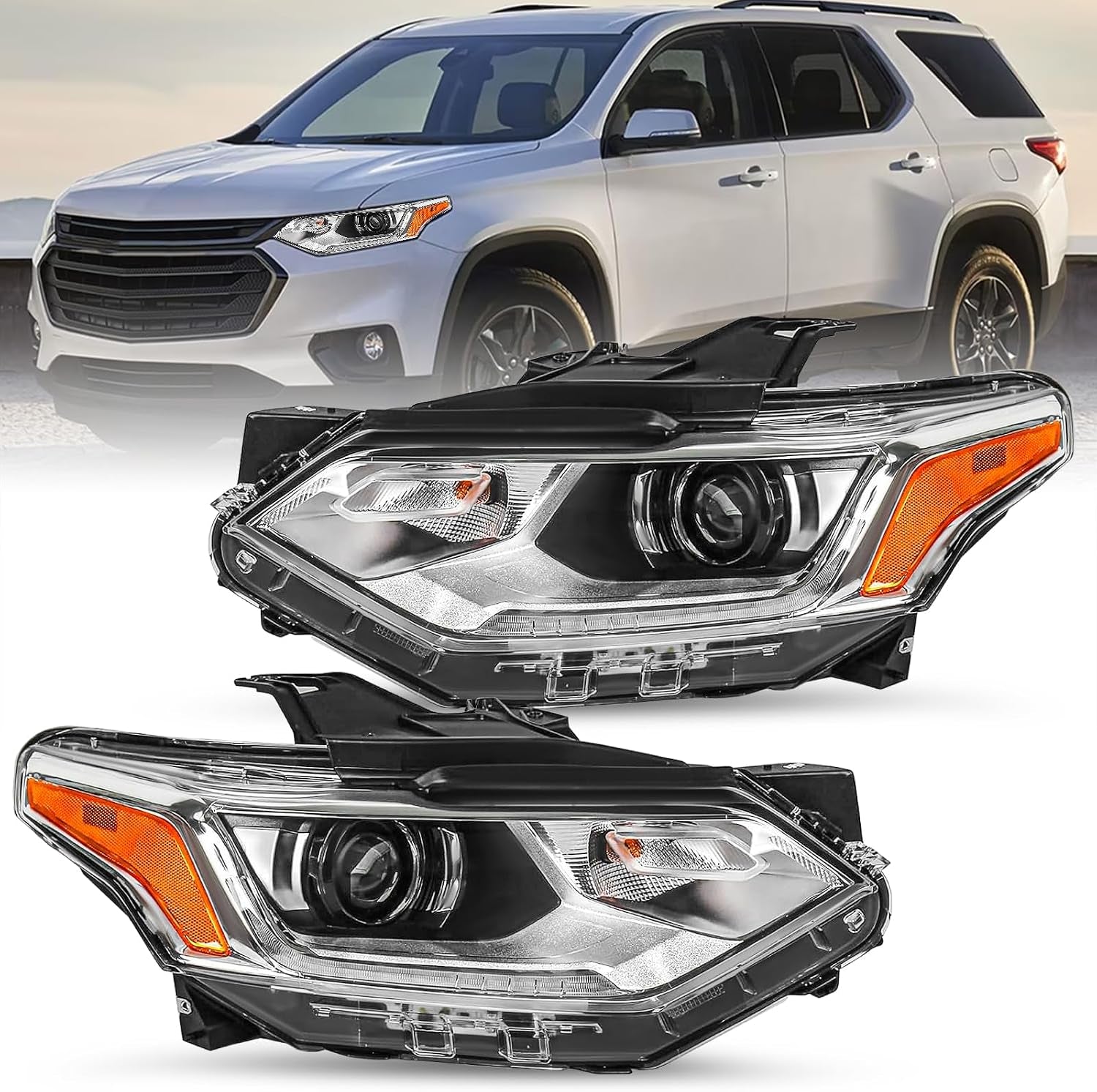 Fits for [Hid/Xenon Model] 2018-2021 Chevy Traverse LED DRL Projector Headlight Assembly OE Style Factory Headlights Driver Left + Passenger Right Side No Fog Headlamps