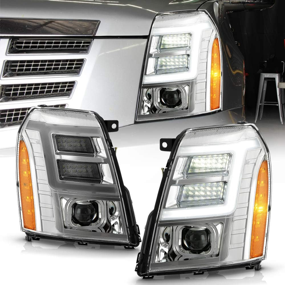- for [Hid/Xenon Model] 2007-2014 Cadillac Escalade Chrome LED Tube DRL Projector Headlights Pair Set Left+Right