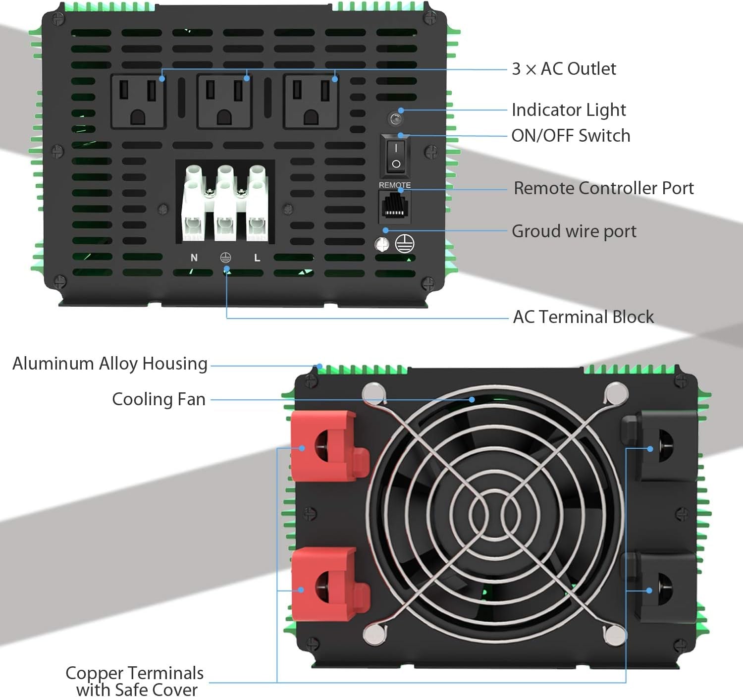 3000 Watt 24 Volts Power Inverter Pure Sine Wave 3000W DC 24V to 120V AC Solar Inverter with 3 Outlets and AC Terminal Block