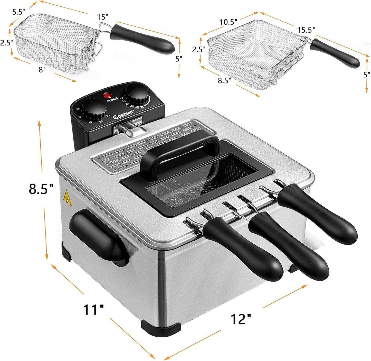Deep Fryer with Basket, 5.3Qt Stainless Steel Electric Oil Fryer W/Adjustable Temperature, Timer, Lid with View Window, Professional Style, Deep Fryer Pot for Home Use, French Fries, Chicken