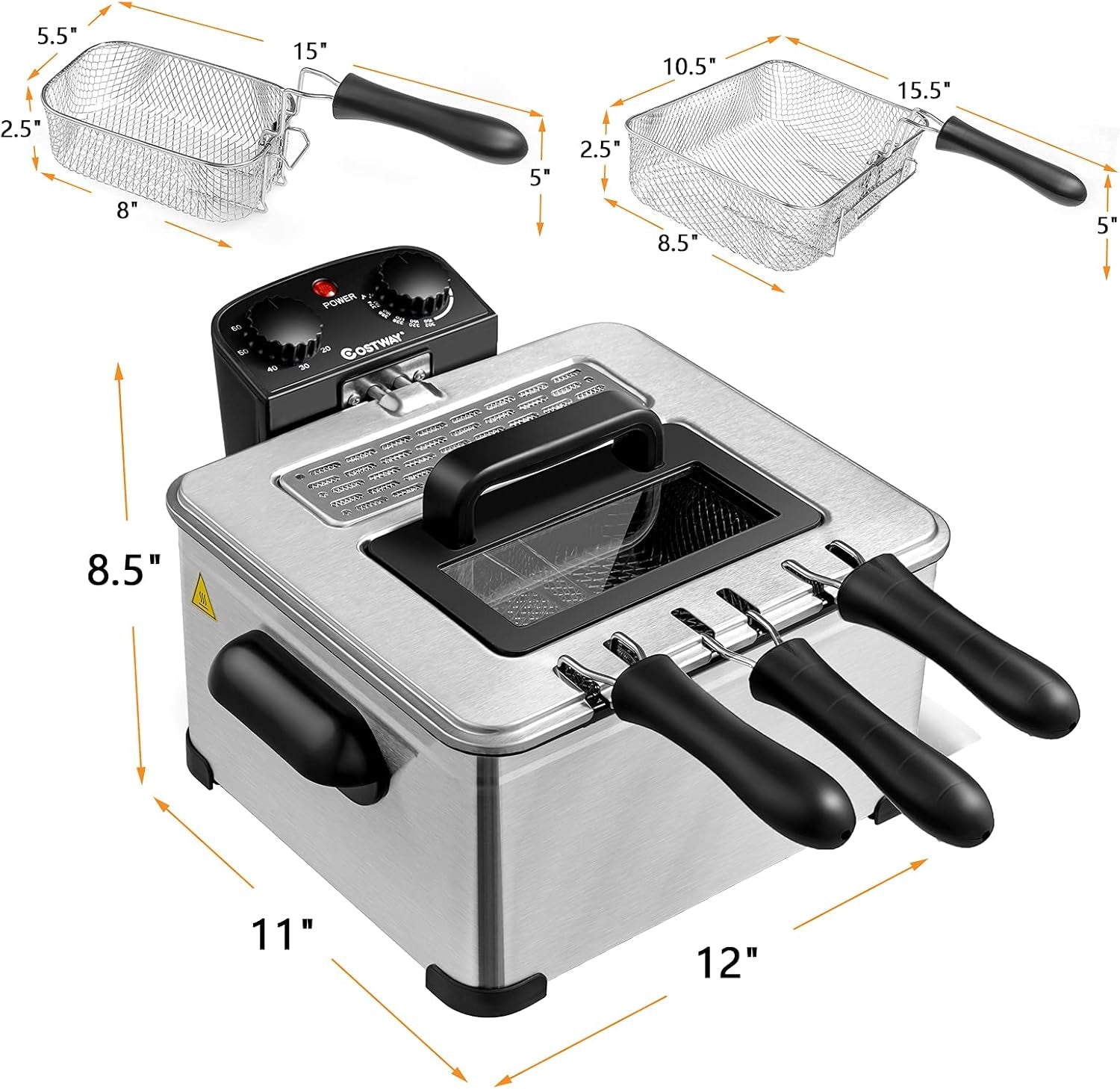 Deep Fryer with Basket, 5.3Qt Stainless Steel Electric Oil Fryer W/Adjustable Temperature, Timer, Lid with View Window, Professional Style, Deep Fryer Pot for Home Use, French Fries, Chicken