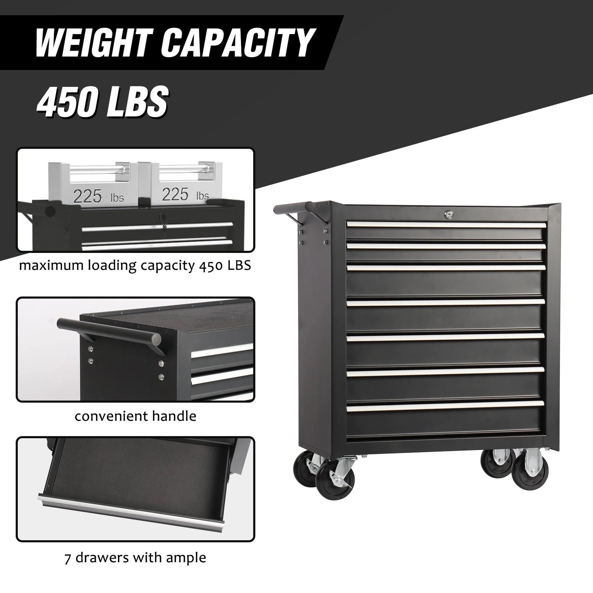7-Drawer Rolling Tool Box, Multifunctional Tool Chest Garage Tool Storage, Metal Tool Cart Organizer on Wheels, 450LBS Weight Capacity