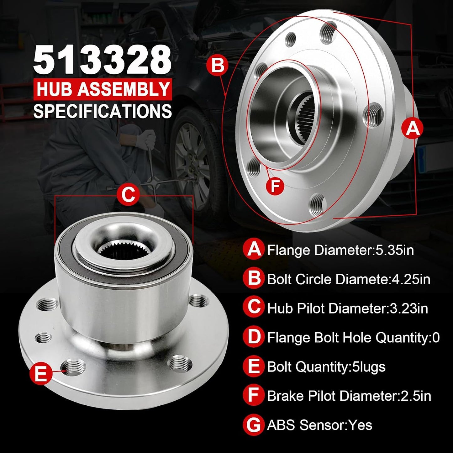 2Pcs 513328 Front Wheel Bearing Hub Assembly Compatible with Volvo S80 2007-2016, for Volvo V60 2015-2018 S60 2011-2018, for Volvo Xc70 2008-2016 Xc60 2010-2017, V70 2008 2009 2010, 5 Lugs