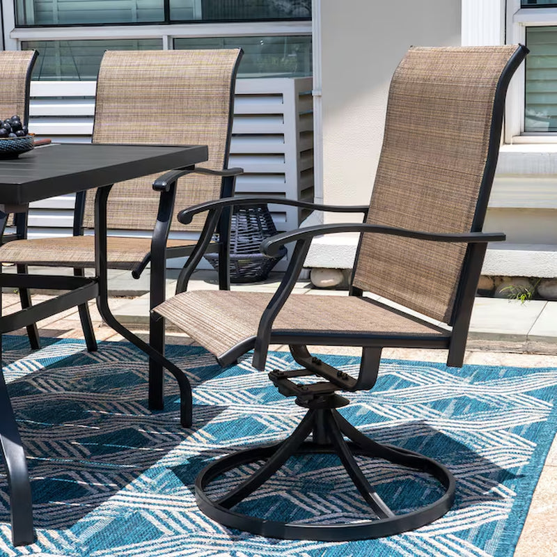 7 -Piece Black Patio Dining Set Iron Rectangle Table with 6 Brown Stationary and Motion Chairs