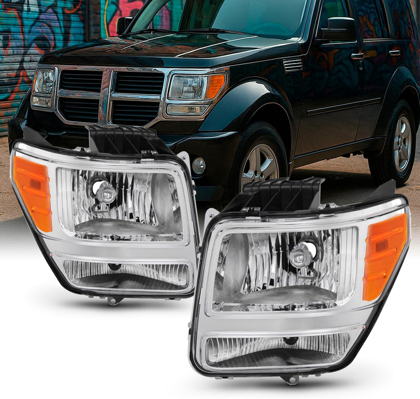 - for 2007-2011 Dodge Nitro Headlights | OE Factory Style Chrome Housing Clear Lens Driver and Passenger Side Direct Replacement