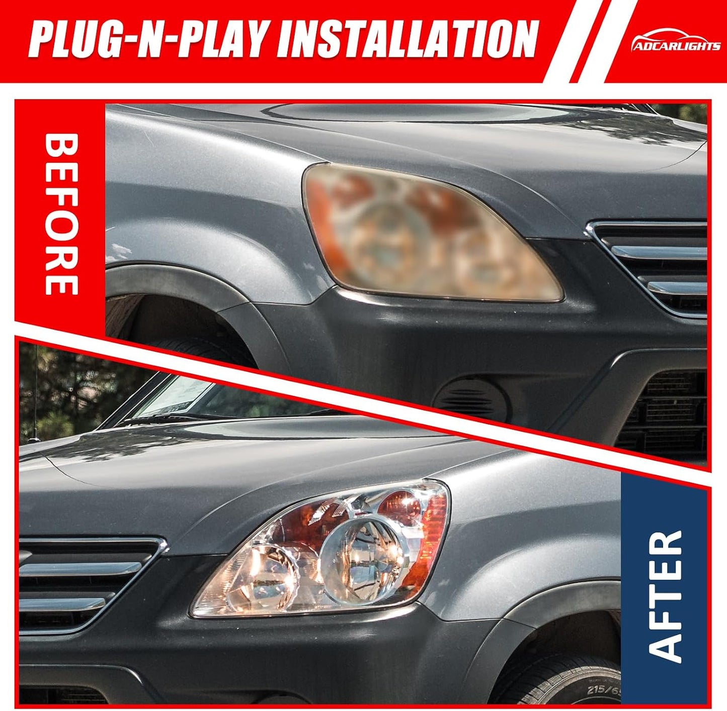 Headlight Compatible with 2005 2006 Honda CRV Headlamp Chrome Housing Amber Reflector Replacement Pair（W/O Bulbs）