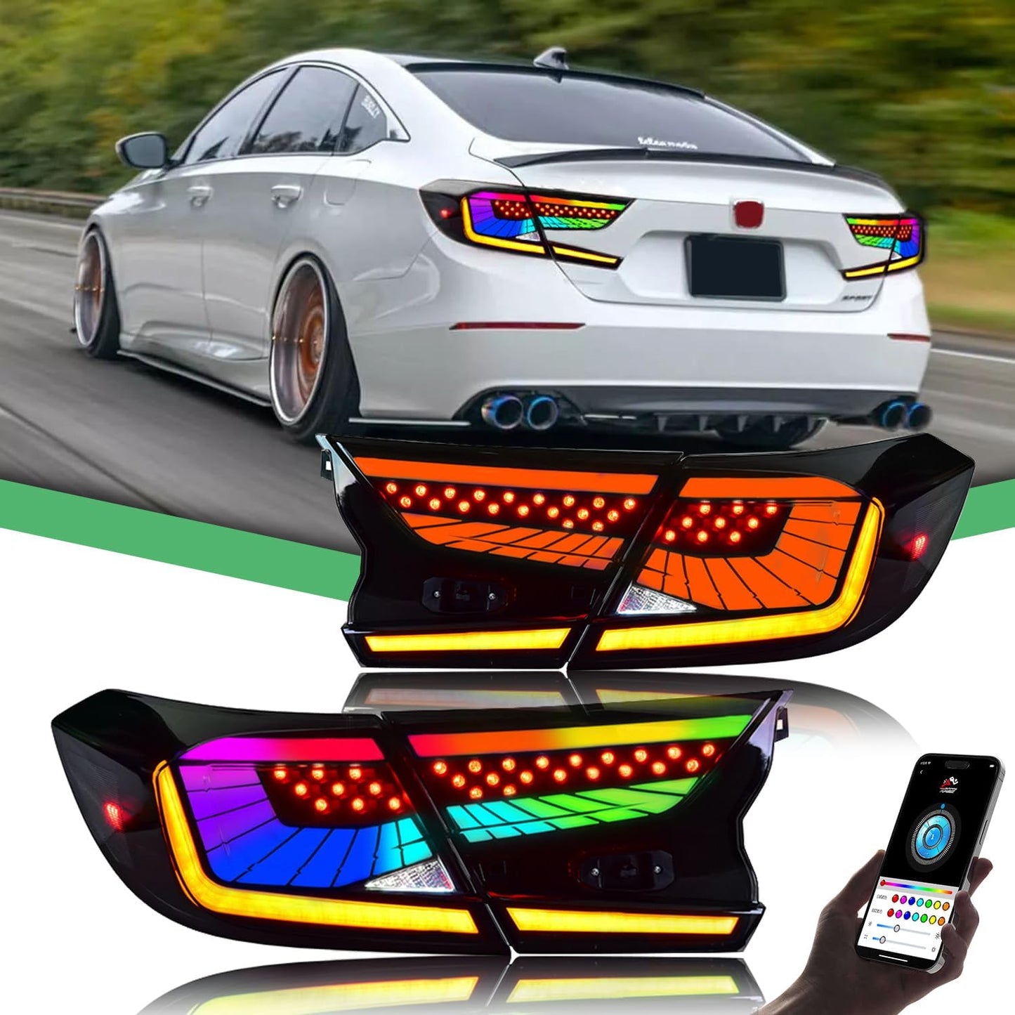 RGB Tail Lights for Honda Accord 2018-2022, LED Taillights Assembly for Honda Accord 10Th Gen, Dynamic Animation, Plug&Play (RGB, 1 Pair)