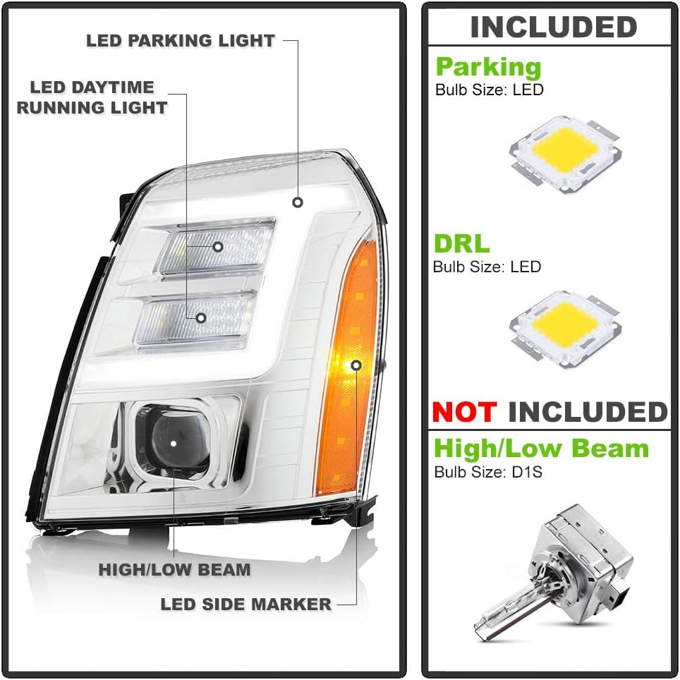 - for [Hid/Xenon Model] 2007-2014 Cadillac Escalade Chrome LED Tube DRL Projector Headlights Pair Set Left+Right