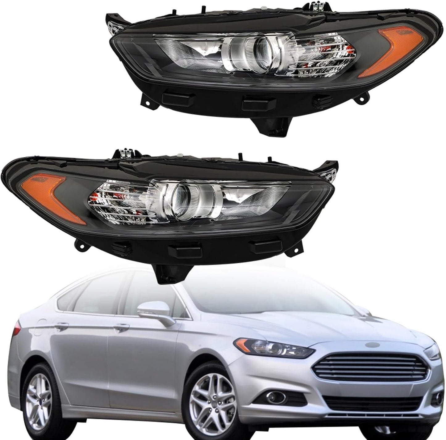 Headlights Assembly Replacement for Fusion 2013 2014 2015 2016 4Door Sedan Halogen Models Front Lights Headlamps Projector Black Headlights Driver and Passenger Side