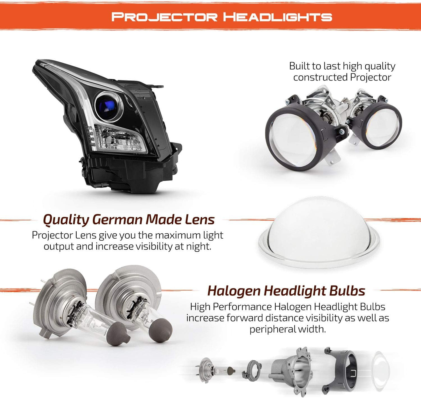 - for 2013-2018 Cadillac ATS Sedan Projector Headlights | [Halogen Model Only] OE Factory Style Chrome Housing Clear Lens Driver and Passenger Side Direct Replacement