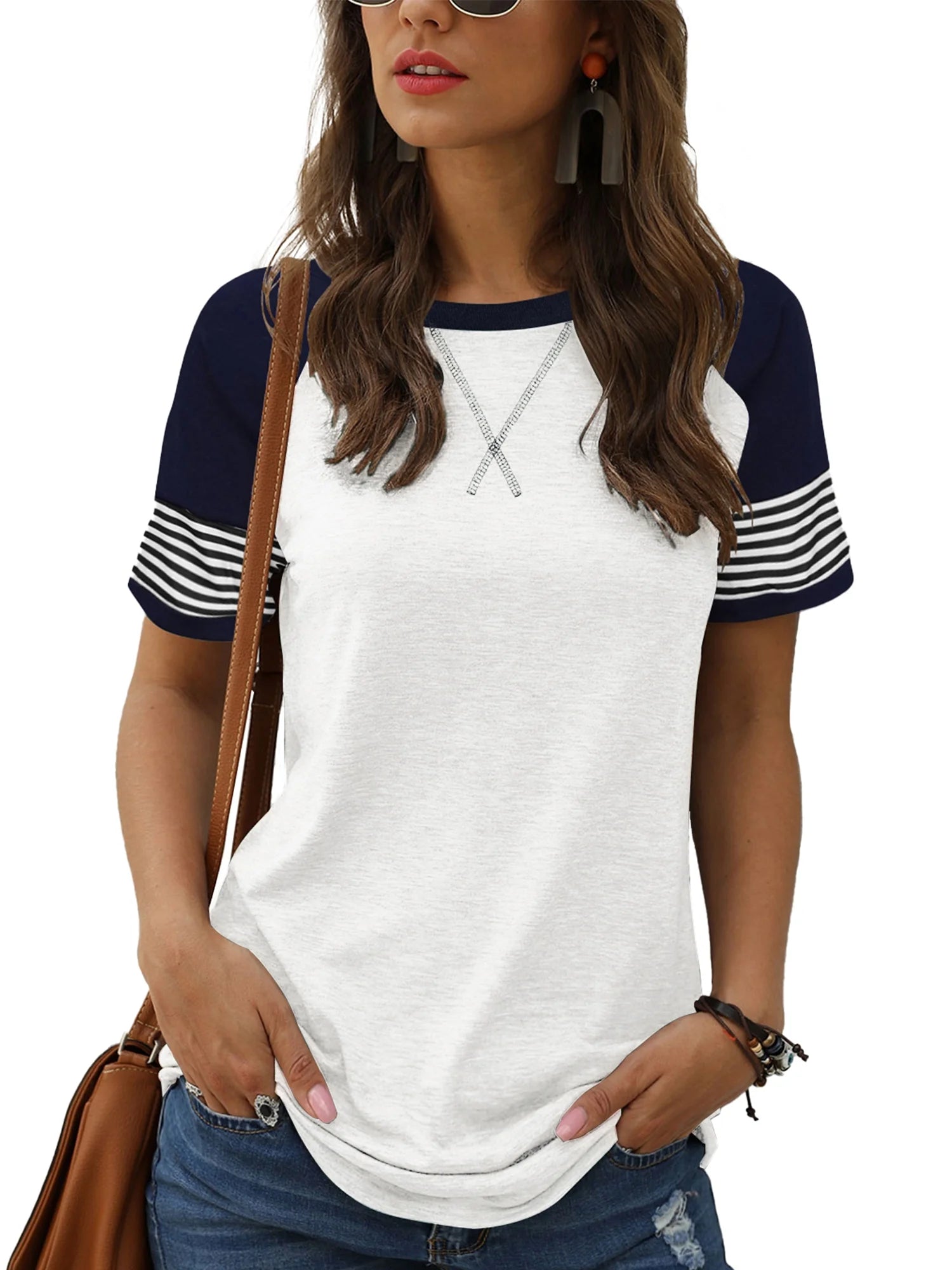 Summer Short Sleeve Tops for Women Color Block Casual Tunic Crew Neck Cute Striped T Shirts White Tees