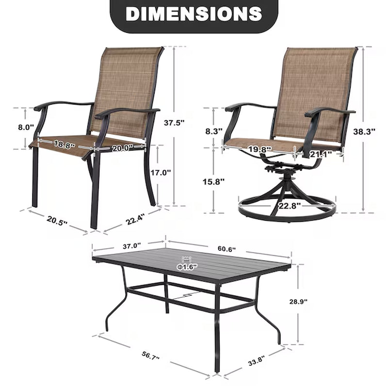 7 -Piece Black Patio Dining Set Iron Rectangle Table with 6 Brown Stationary and Motion Chairs