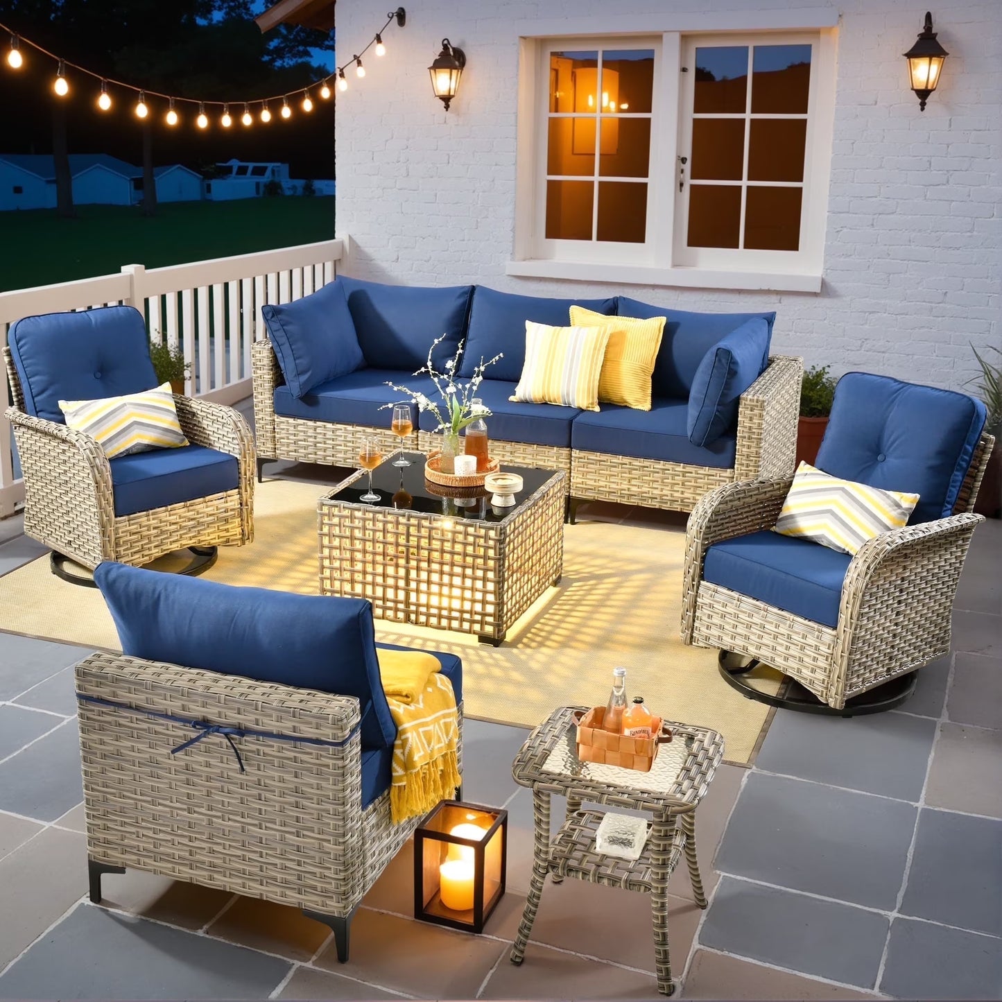 8 Pieces Patio Furniture Outdoor Conversation Set Rattan Wicker outside Sectional Sofa with Swivel Chairs & Solar Light Table, Navy Blue