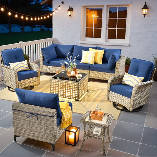 8 Pieces Patio Furniture Outdoor Conversation Set Rattan Wicker outside Sectional Sofa with Swivel Chairs & Solar Light Table, Navy Blue