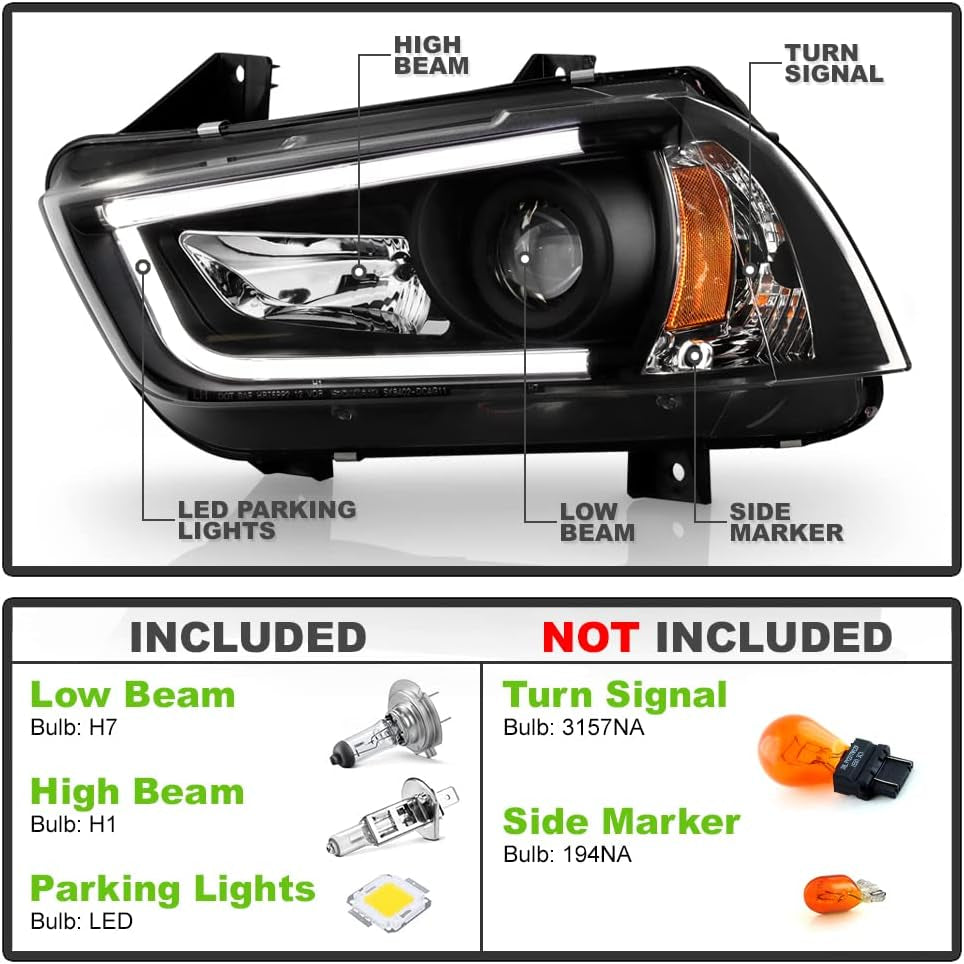 - for [Halogen Model] 2011-2014 Dodge Charger LED DRL Tube Black Housing Projector Headlights Headlamps Assembly