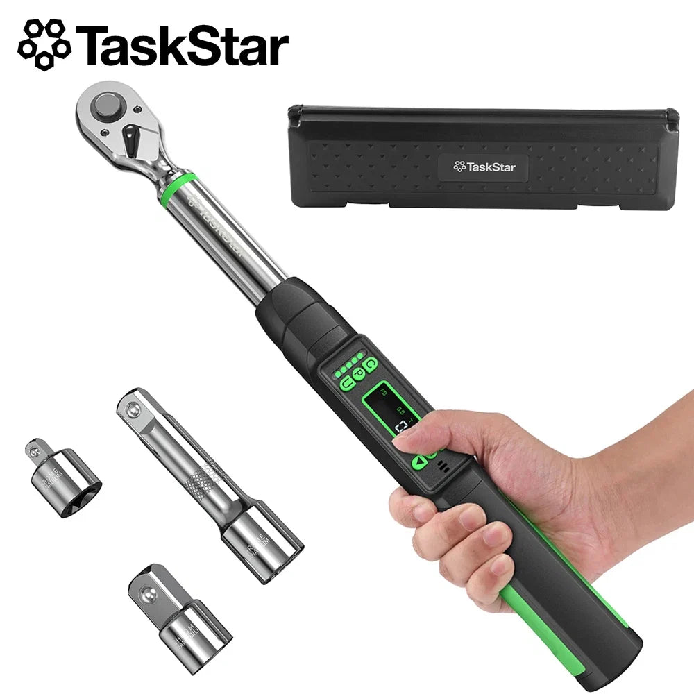 Taskstar 3/8-Inch Digital Torque Wrench with 1/4"&1/2" Adapter, Bidirectional Ratchet Head, ±2% Accuracy Electronic Torque Wrench(0-162Ft-Lbs/0-220N.M), Handheld Wrench Kit for Bicycle/Car/Motorcycle Care, 5 Units of Measure