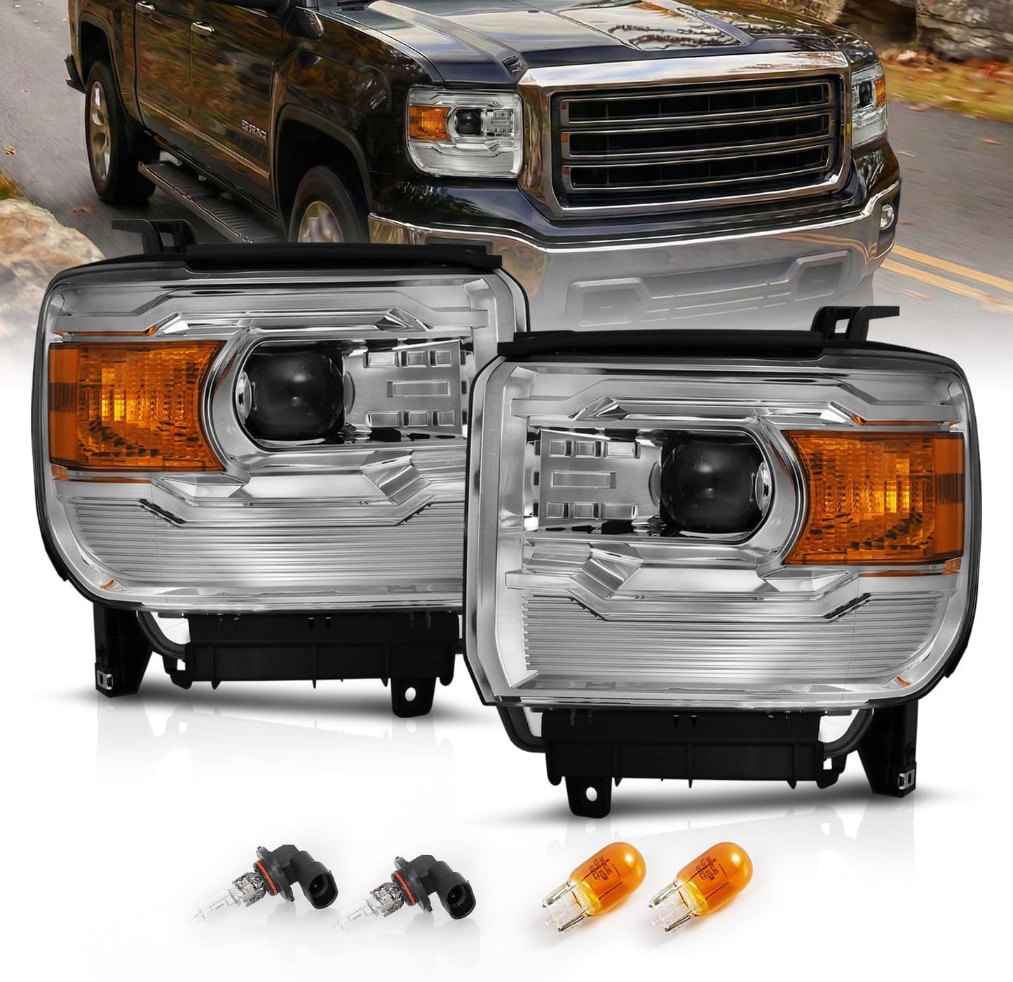 For 2014-2015 GMC Sierra 1500/15-2017 2500HD 3500HD Black Square Projector Replacement Headlights Assembly Pair - Passenger and Driver Side
