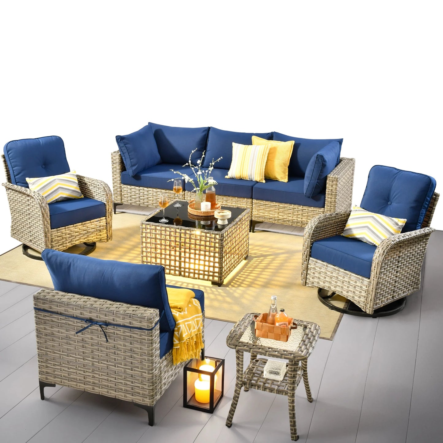 8 Pieces Patio Furniture Outdoor Conversation Set Rattan Wicker outside Sectional Sofa with Swivel Chairs & Solar Light Table, Navy Blue