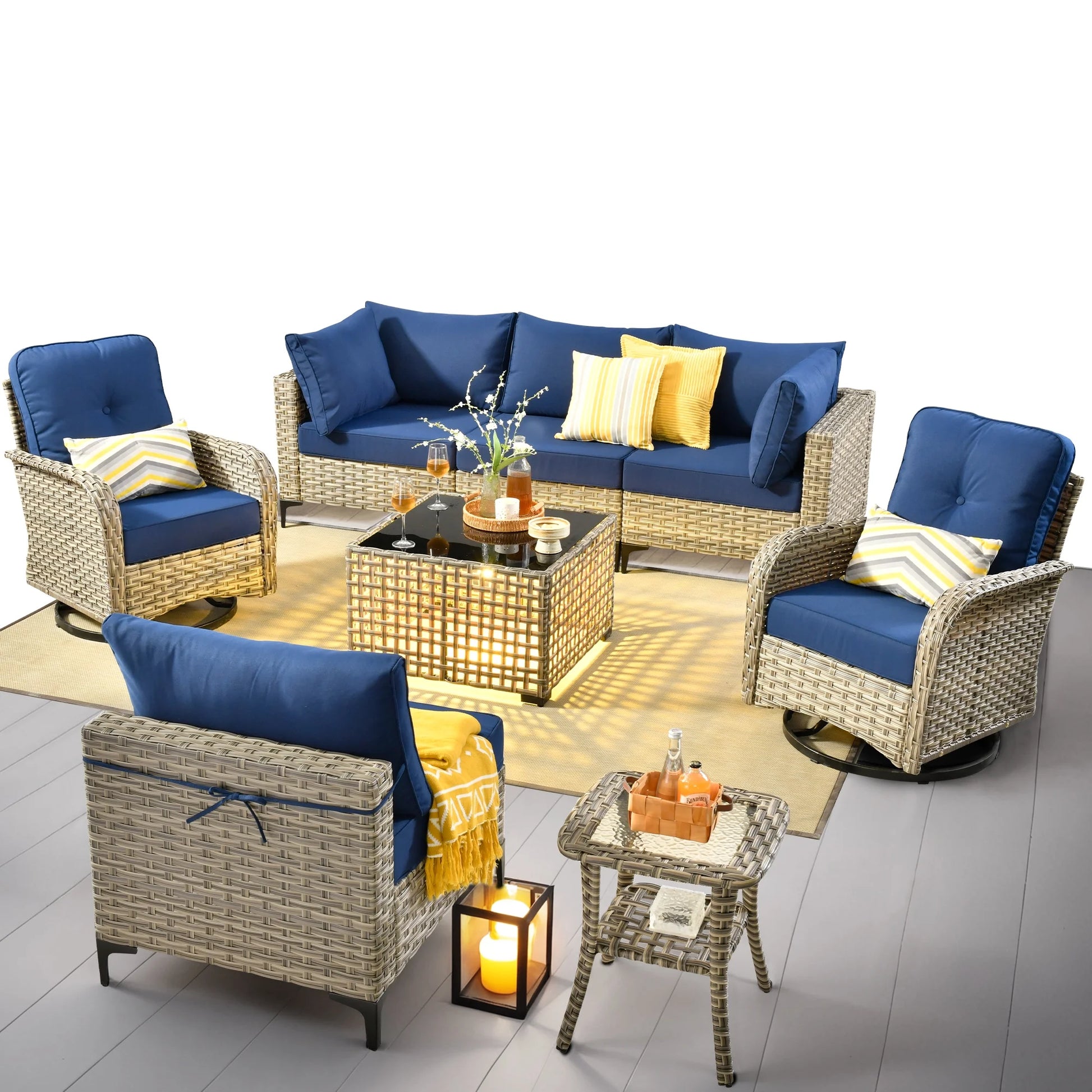 8 Pieces Patio Furniture Outdoor Conversation Set Rattan Wicker outside Sectional Sofa with Swivel Chairs & Solar Light Table, Navy Blue