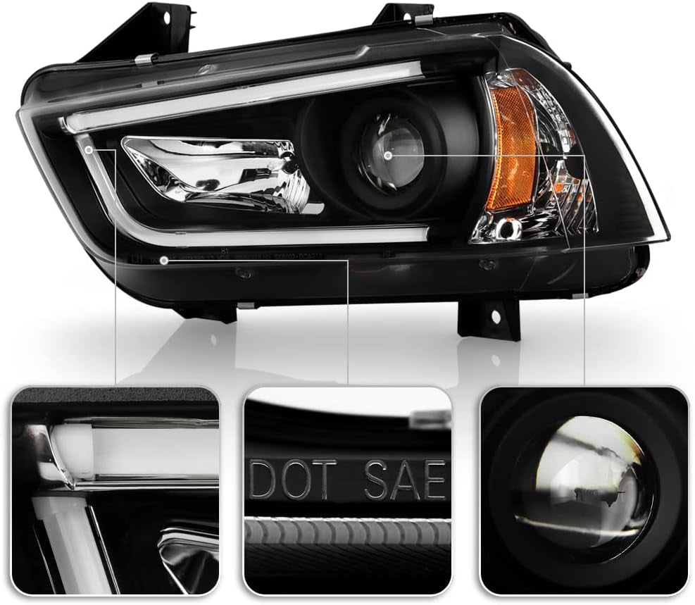 - for [Halogen Model] 2011-2014 Dodge Charger LED DRL Tube Black Housing Projector Headlights Headlamps Assembly