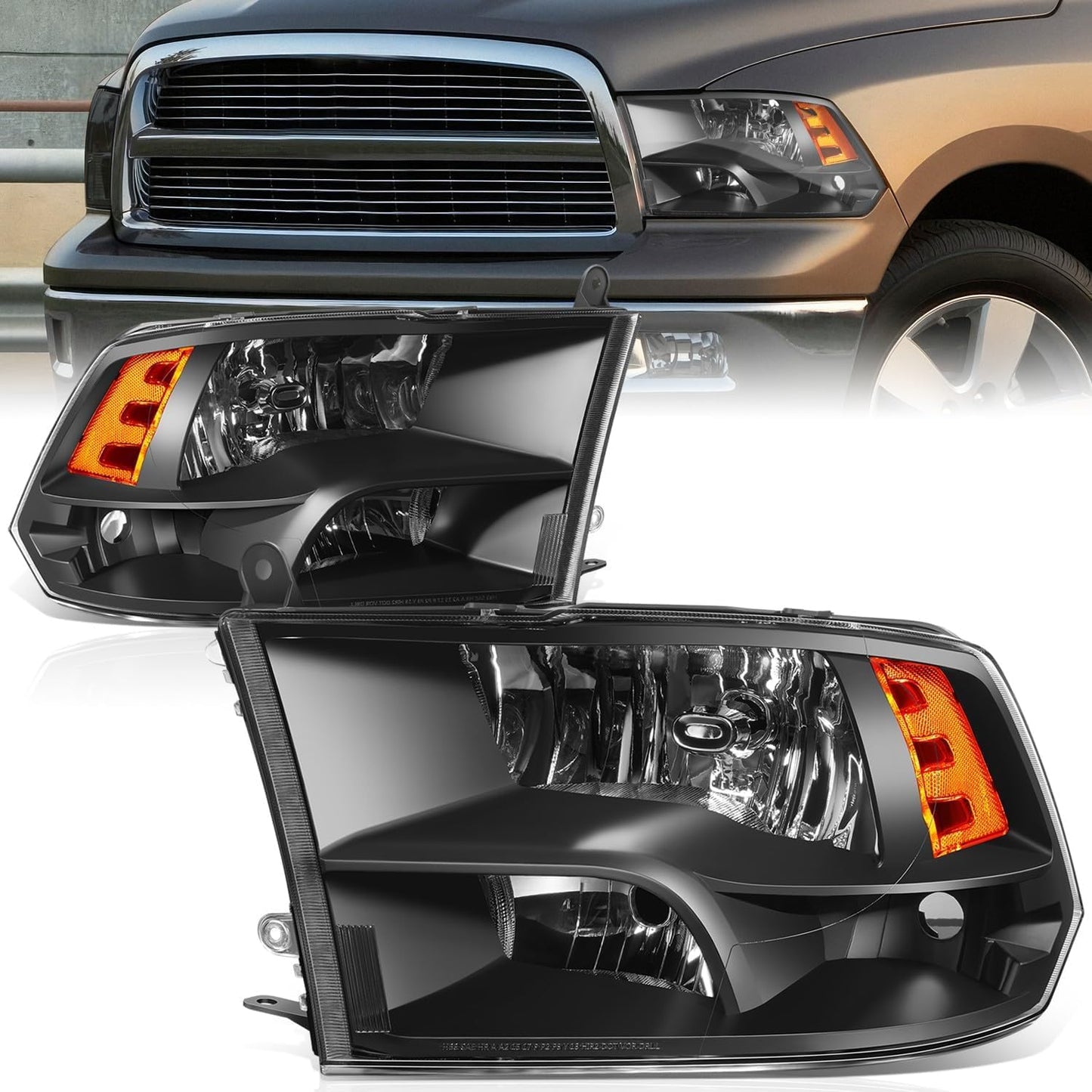 Quad Halogen Headlights Fit 09-18 Dodge Ram 1500-5500, Black | Quad Headlights for 09-10 Dodge Ram 1500-3500 New Body, 11-18 Ram 1500-5500, Halogen Headlamps, Left&Right Side, Black Amber