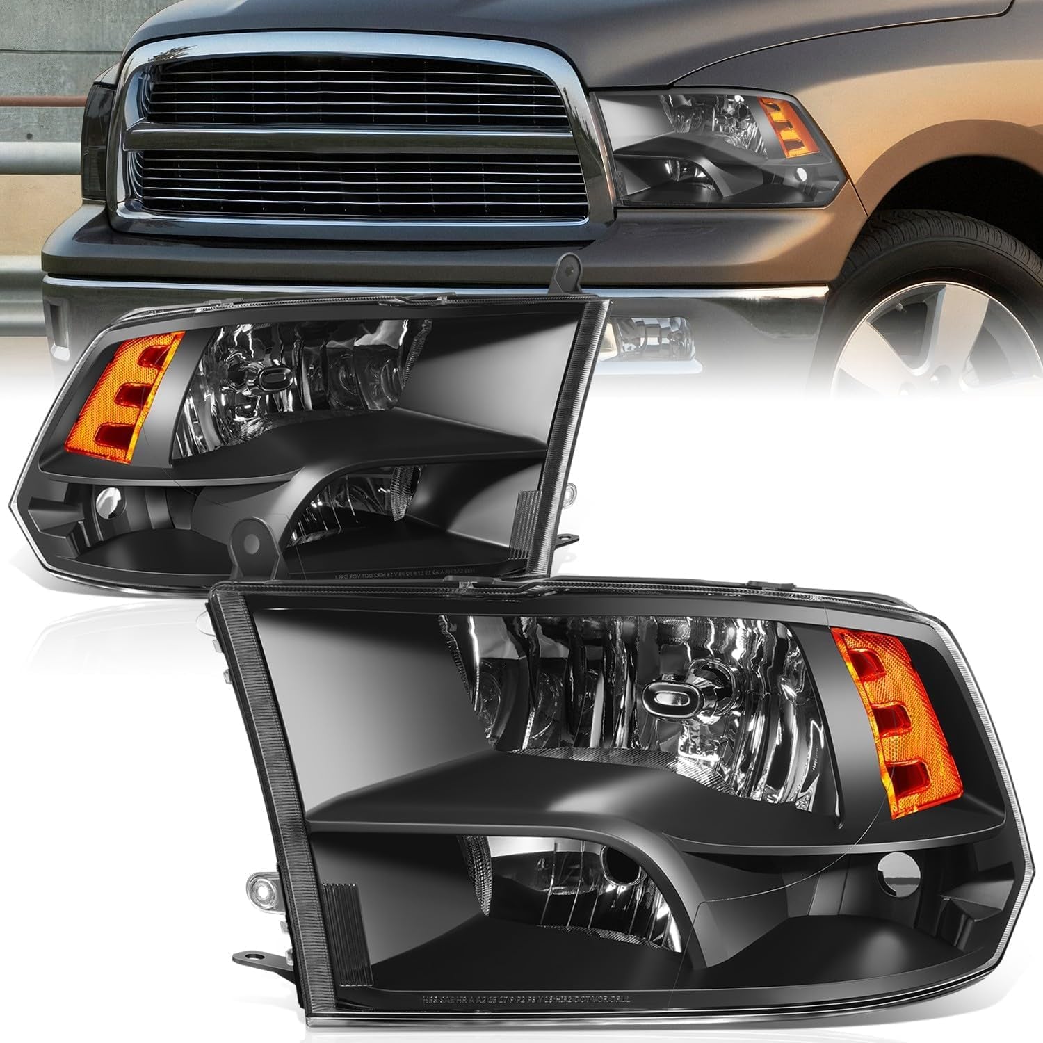Quad Halogen Headlights Fit 09-18 Dodge Ram 1500-5500, Black | Quad Headlights for 09-10 Dodge Ram 1500-3500 New Body, 11-18 Ram 1500-5500, Halogen Headlamps, Left&Right Side, Black Amber