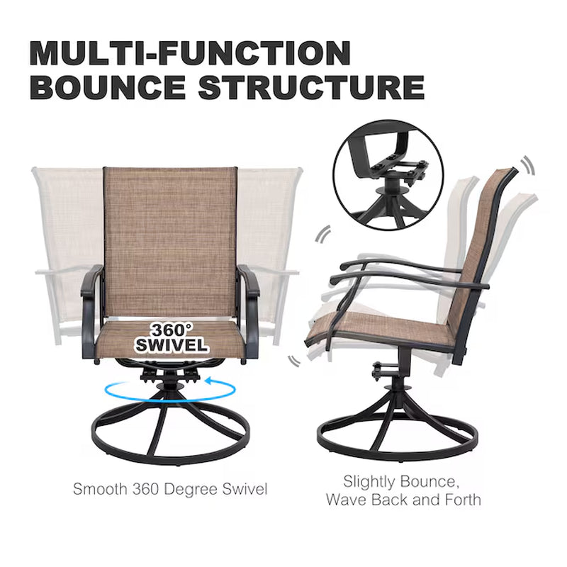 7 -Piece Black Patio Dining Set Iron Rectangle Table with 6 Brown Stationary and Motion Chairs