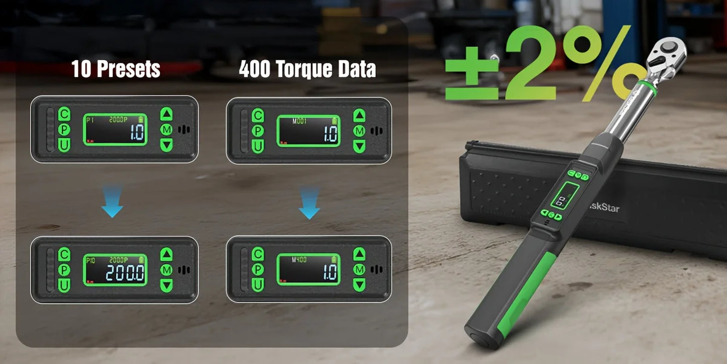 Taskstar 3/8-Inch Digital Torque Wrench with 1/4"&1/2" Adapter, Bidirectional Ratchet Head, ±2% Accuracy Electronic Torque Wrench(0-162Ft-Lbs/0-220N.M), Handheld Wrench Kit for Bicycle/Car/Motorcycle Care, 5 Units of Measure