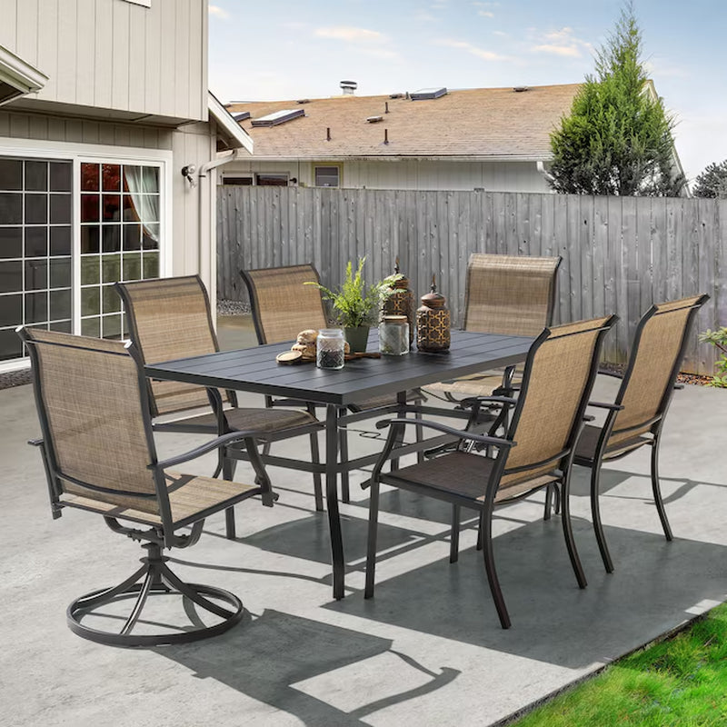 7 -Piece Black Patio Dining Set Iron Rectangle Table with 6 Brown Stationary and Motion Chairs