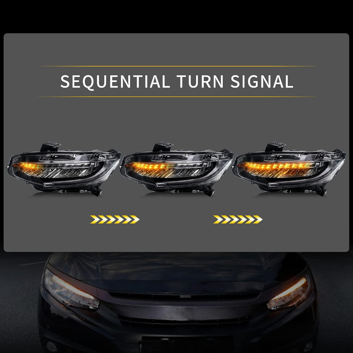 VLAND LED Headlights Assembly Compatible for 10TH Gen Honda Civic Sedan/Coupe/Hatchback/Type R 2016 2017 2018 2019 2020 2021, W/Sequential Turn Signal, LED Drls, H/L Beam Lens