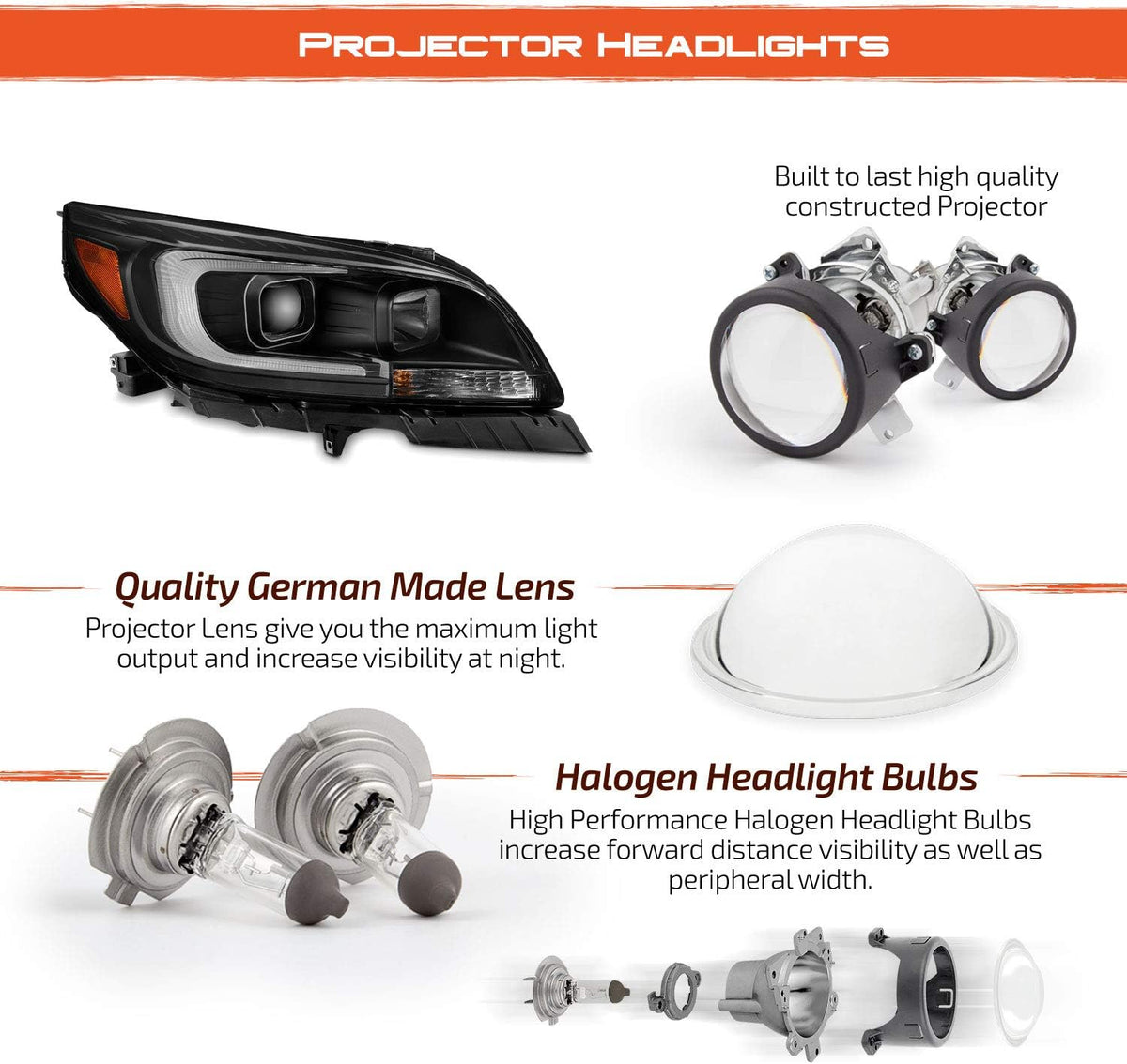 - for 2013-2015 Chevy Malibu C-Bar LED DRL Left and Right Projector Housing Headlights - Black