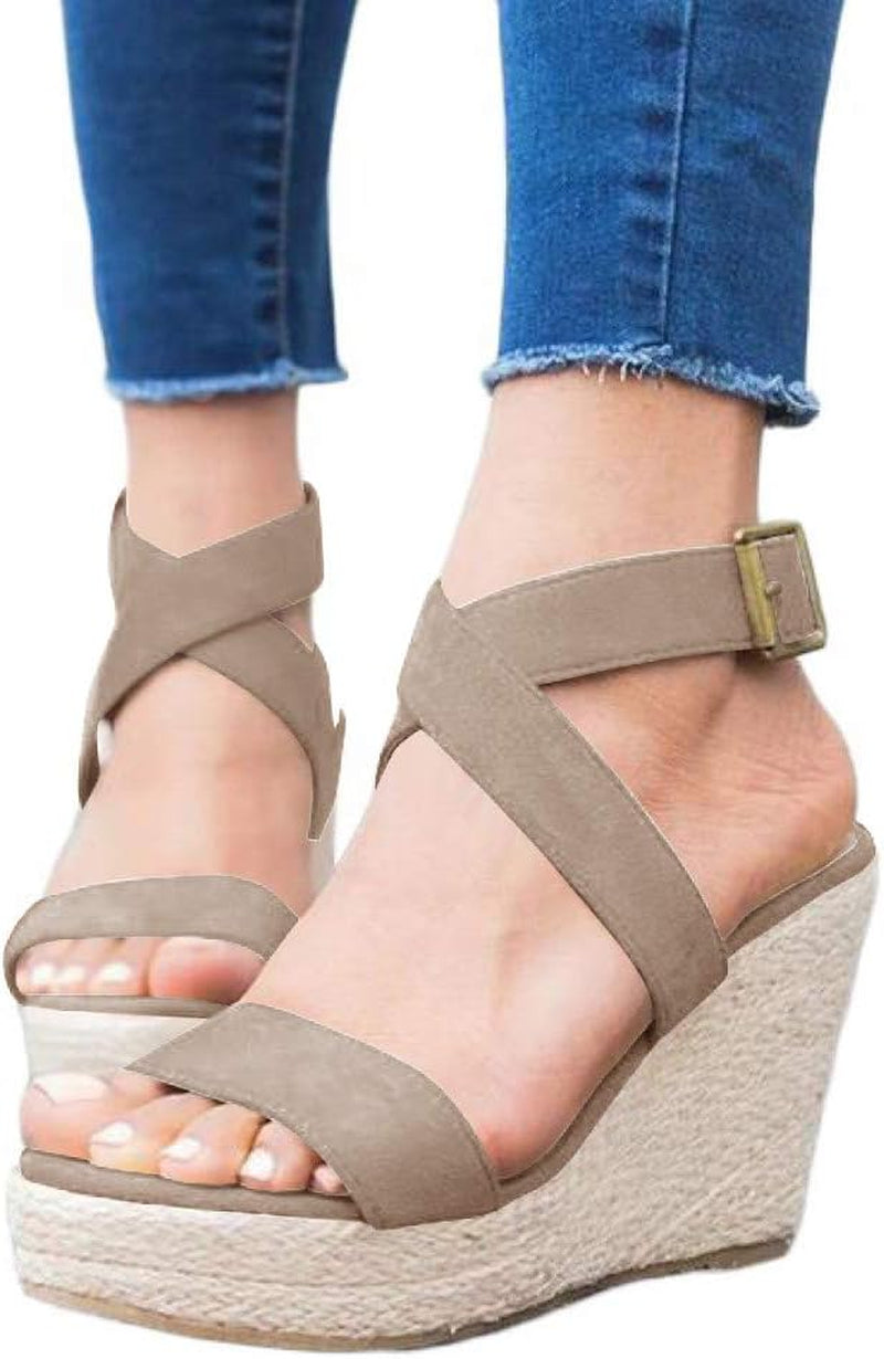 Women'S Wedge Sandals Cross Strap Espadrille Platform Ankle Buckle Summer Casual Shoes
