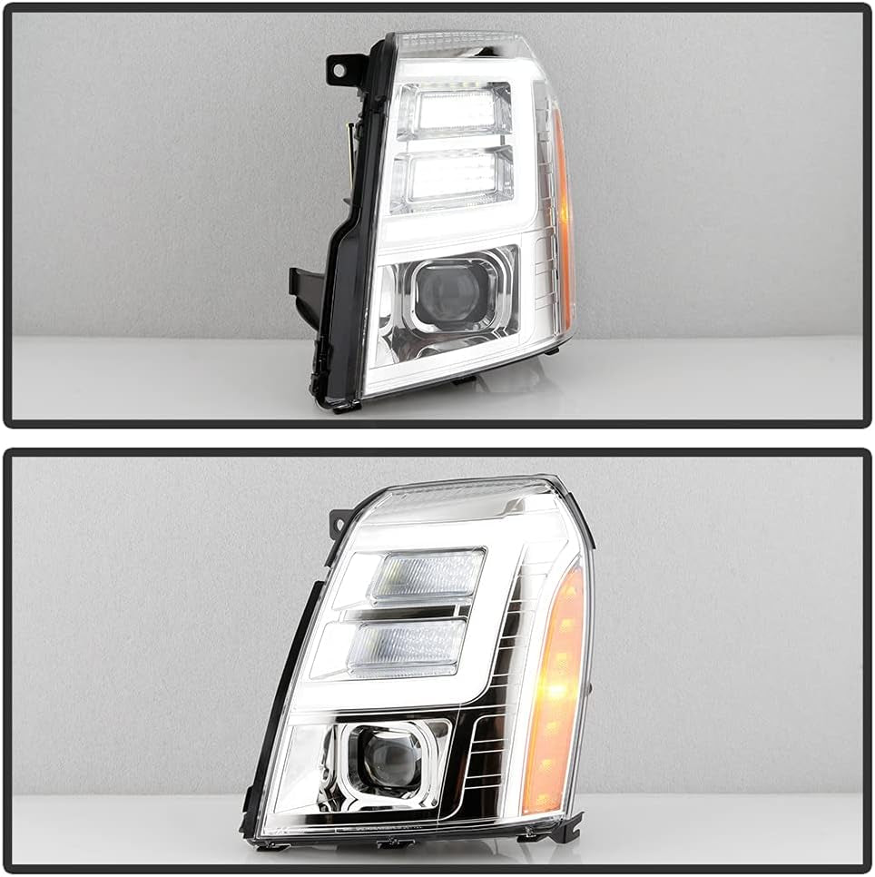 - for [Hid/Xenon Model] 2007-2014 Cadillac Escalade Chrome LED Tube DRL Projector Headlights Pair Set Left+Right