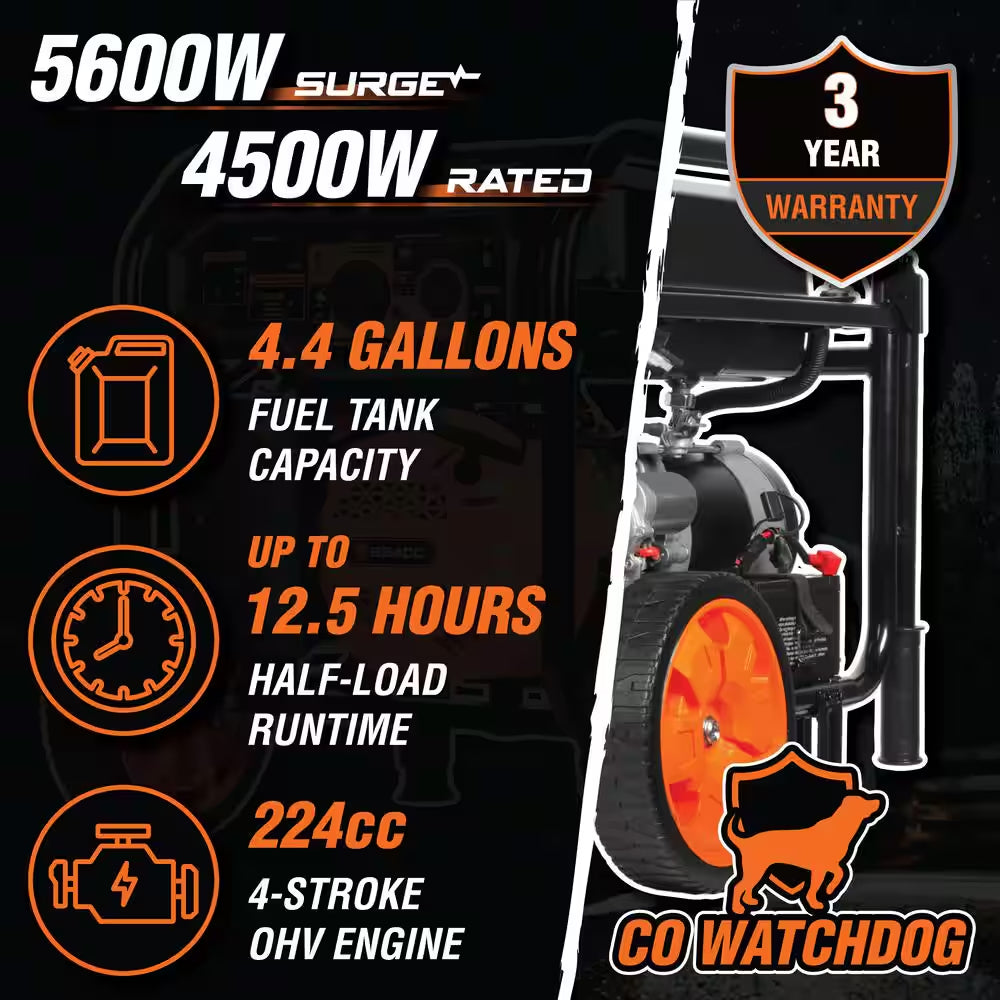 5,600-Watt Portable Gasoline Generator with Wheel Kit, Electric Start, 224Cc, Transfer-Switch, Rv-Ready, and CO Watchdog