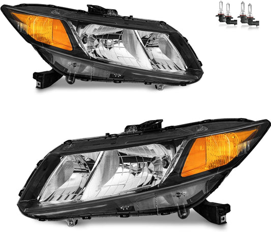 Headlights Assembly for 2012-2015 Honda Civic 4Dr Sedan | Headlights Assembly with High/Low Beam Bulbs, Black Housing, Driver & Passenger Side for 2012-2013 Honda Civic 2Dr Coupe