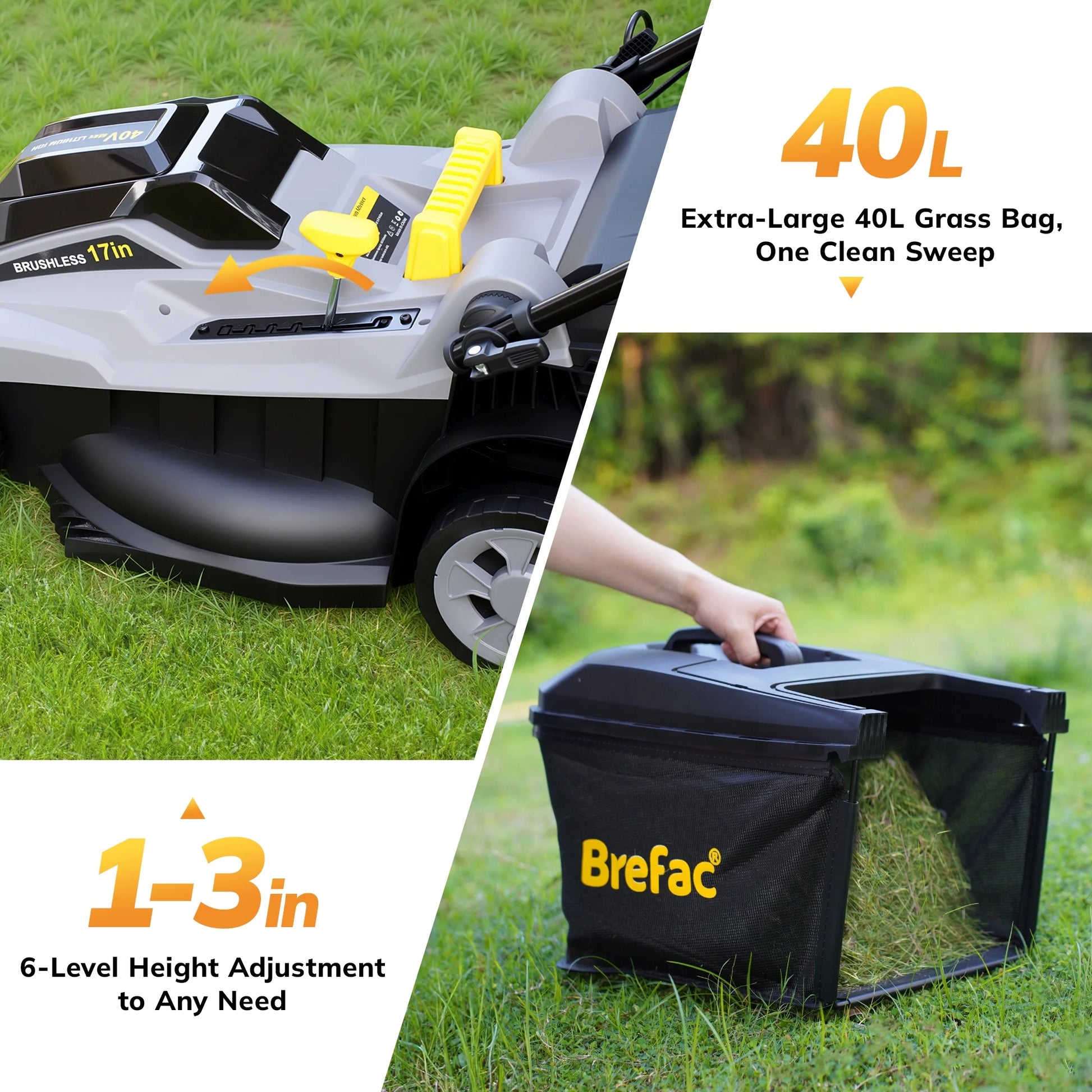 40V (2 X 20V) 17'' Cordless Lawn Mower, Multi-Functional Grass Cutter with 4.0Ah Battery, 6 Adjustable Height Settings, Durable Manganese Steel Blades, Easy to Use for Medium to Large Lawn