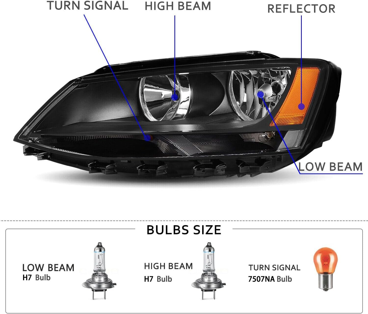 Headlights Assembly Black Housing Compatible with 2011-2018 Volkswagen Jetta MK6 Sedan & Hatchback without DRL, Halogen Headlamp Driver & Passenger Side