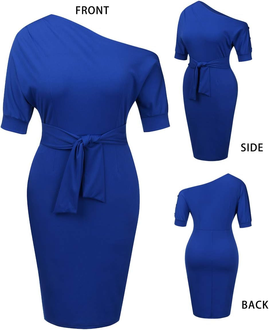 Elegant Womens Wear to Work Casual One Shoulder Belted Pencil Dress with Pockets