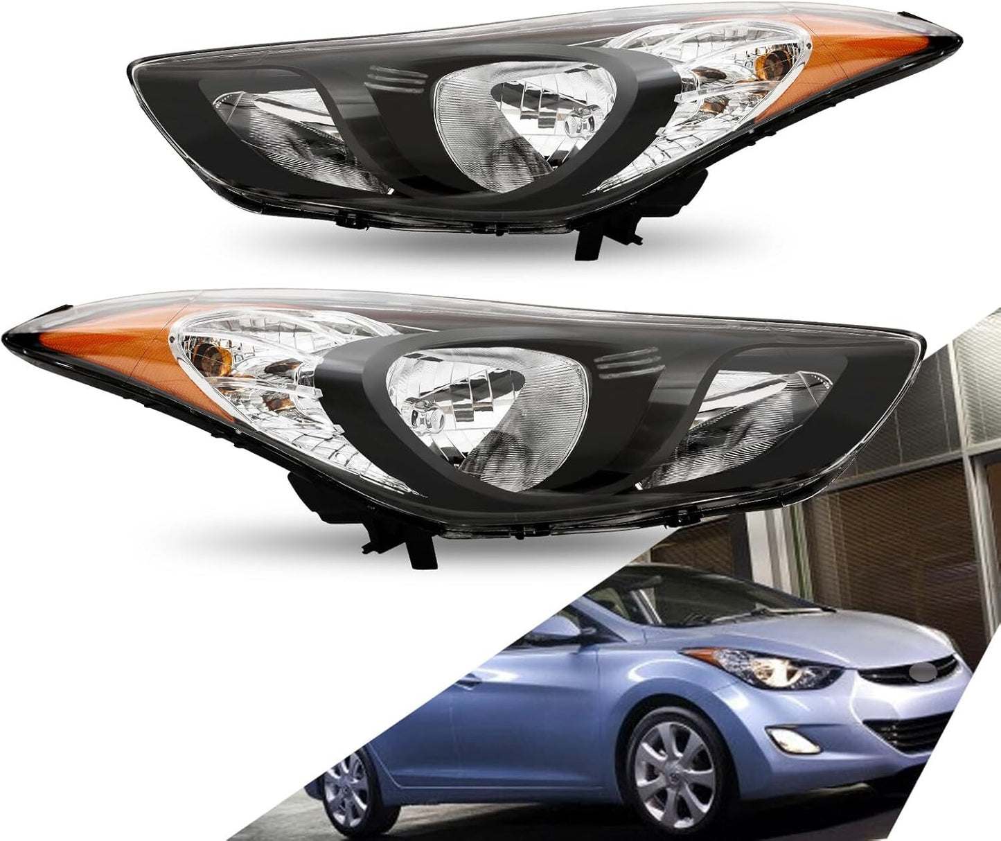 For 2011-2013 Hyundai Elantra Chrome Halogen Headlights Assembly Pair W/Bulbs
