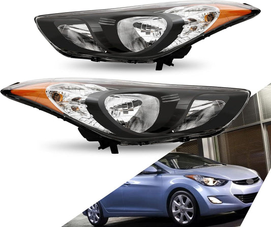For 2011-2013 Hyundai Elantra Chrome Halogen Headlights Assembly Pair W/Bulbs