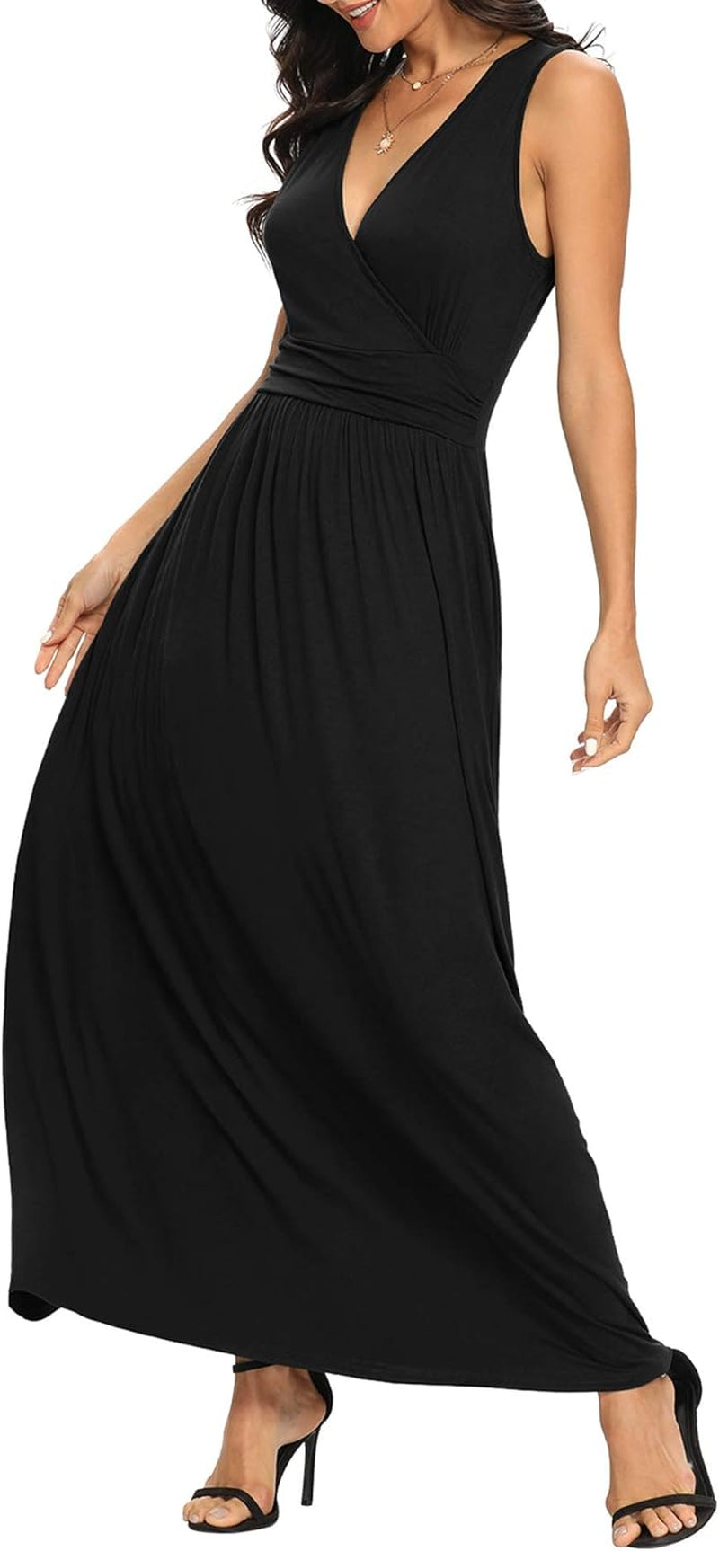 Women Sleeveless Deep V Neck Loose Plain Long Maxi Casual Dress