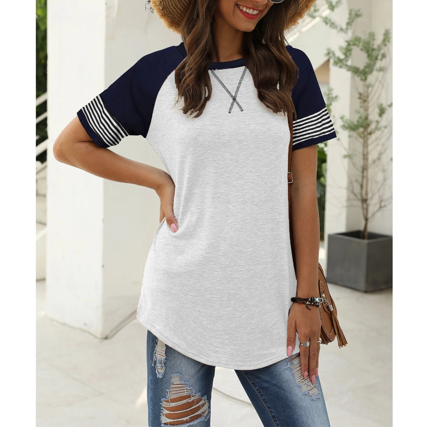 Summer Short Sleeve Tops for Women Color Block Casual Tunic Crew Neck Cute Striped T Shirts White Tees