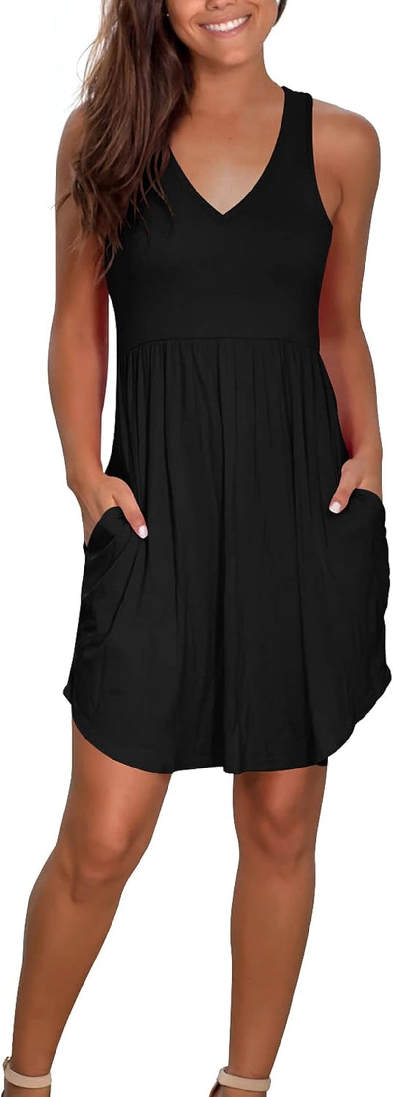 Casual Summer T Shirt Dress for Women V Neck Swing Elastic Tunic Short Sundress with Pockets