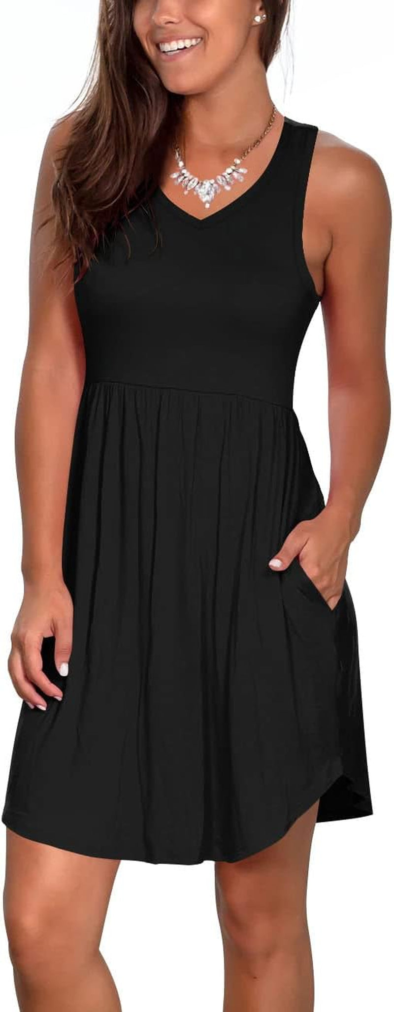 Casual Summer T Shirt Dress for Women V Neck Swing Elastic Tunic Short Sundress with Pockets