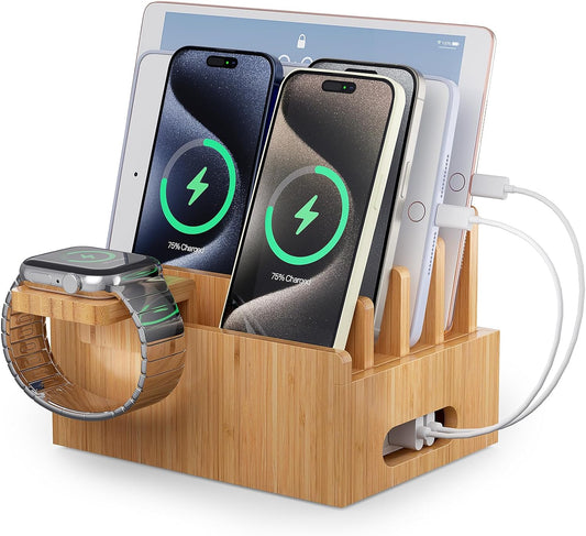 Bamboo Charging Station Rack, Wooden Dock Stand for Cell Phones, Tablets, Smart Watch and Earpod, Multi Charge Organizer Stand, Include Wire Cables