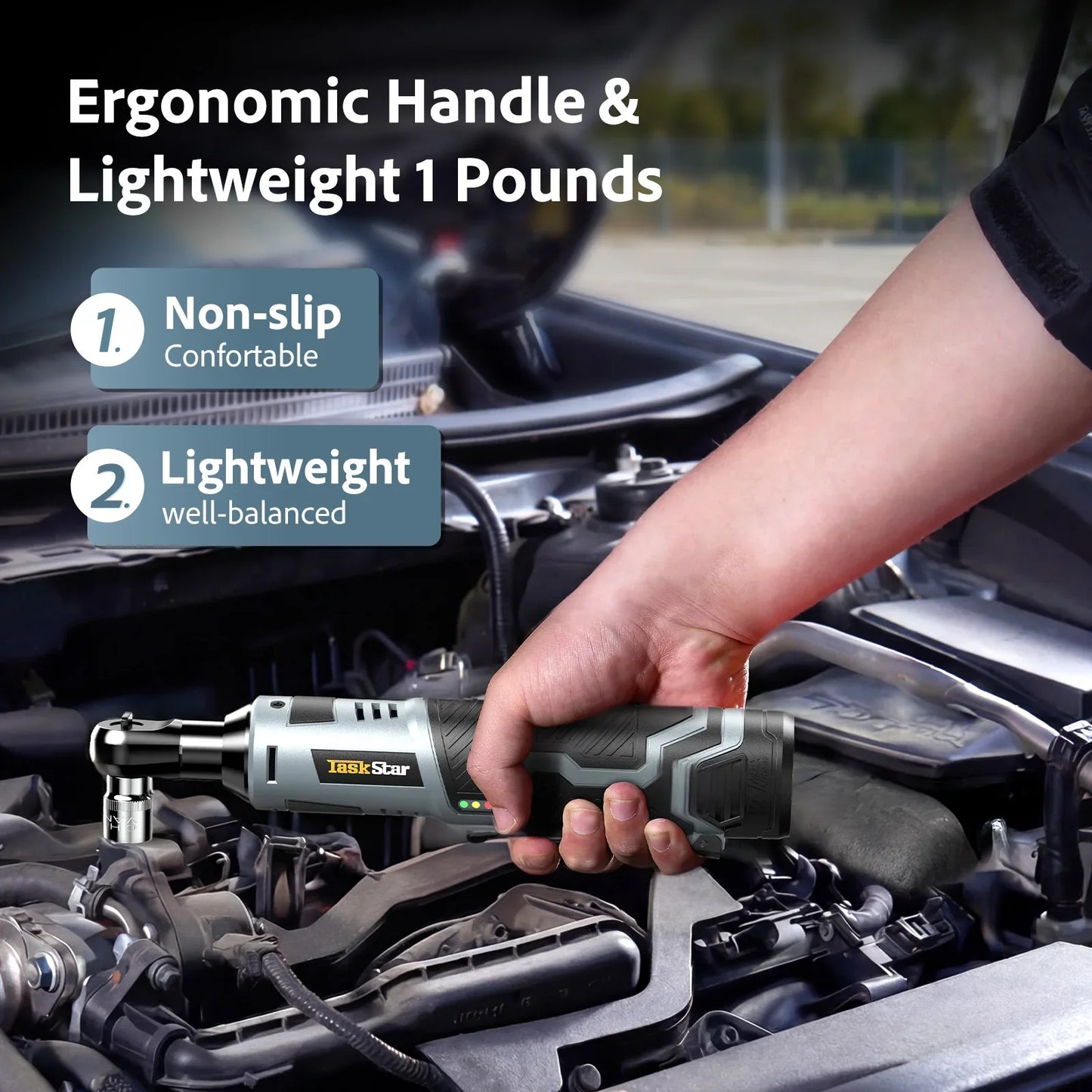 Taskstar Cordless Ratchet Wrench Kit 3/8-Inch Ratchet 40N.M(Max) Electric Power Angle Wrench with Variable Speed Trigger 0-200 RPM, Handheld Car Disassembly Tool with 2 Packs 2000Mah Lithium-Ion Battery&1 Charger&7 Sockets